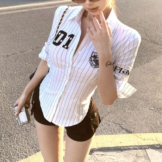 Button-Up Striped Elbow-Sleeve Numbering Shirt