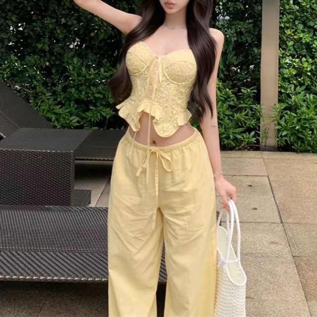 Ruffled Crop Wide / Pants Top Waist Shirred Leg Camisole Plain Mid