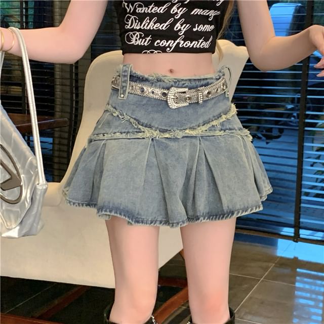 Skirt Denim Rise Tassel Trim Washed Mid A-Line Mini