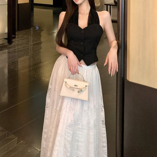 Skirt Mid Midi / Plain Lace Button-Up A-Line Halter-Neck Crop Waist Top