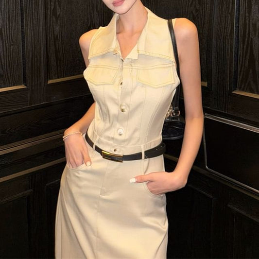 Dress Midi Sleeveless Slit Collared A-Line Button-Up