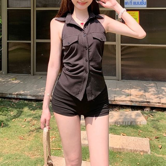 Shirt Halter-Neck Shirred Striped Button-Up