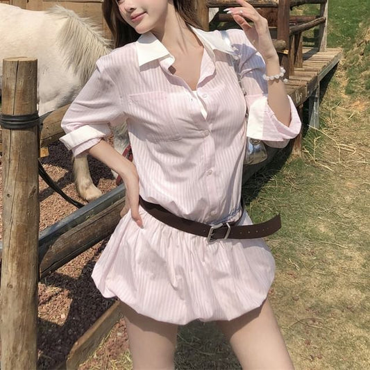 Long-Sleeve Set: Button-Up Belt + Striped Mini Shirtdress