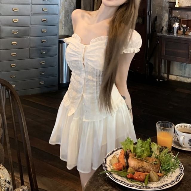 Shirred Mini Blouse Skirt Plain High / Ruffled Rise A-Line Off-Shoulder