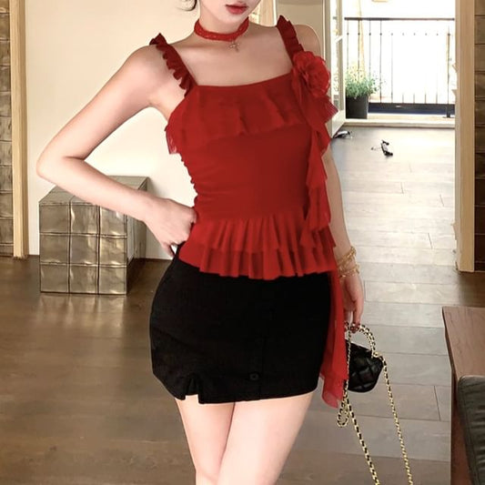 Cami Mini High Asymmetrical Floral Skirt / Pencil Waist Ruffled Top