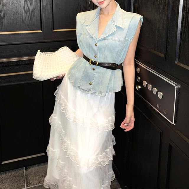 High Lace Button-Up Washed Layered Midi A-Line Denim / Vest Skirt Rise