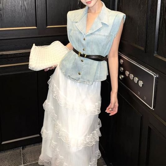 High Lace Button-Up Washed Layered Midi A-Line Denim / Vest Skirt Rise