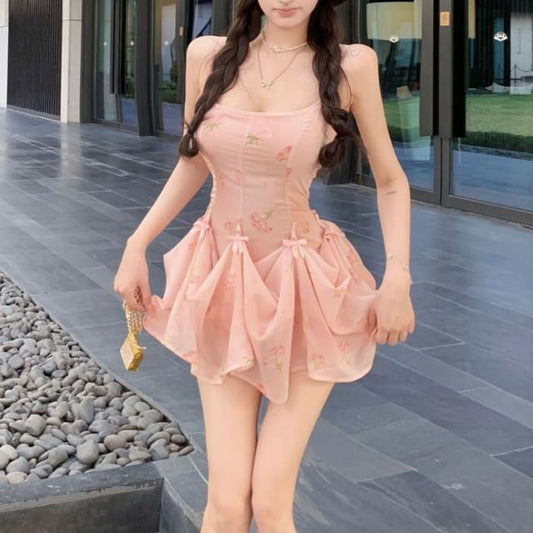 A-Line Spaghetti Print Dress Strap Shirred Mini Floral