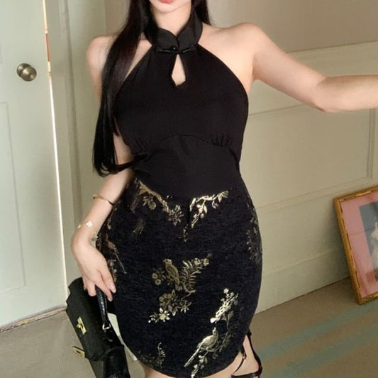 Jacquard Mini Keyhole Floral Halter-Neck Bodycon Dress