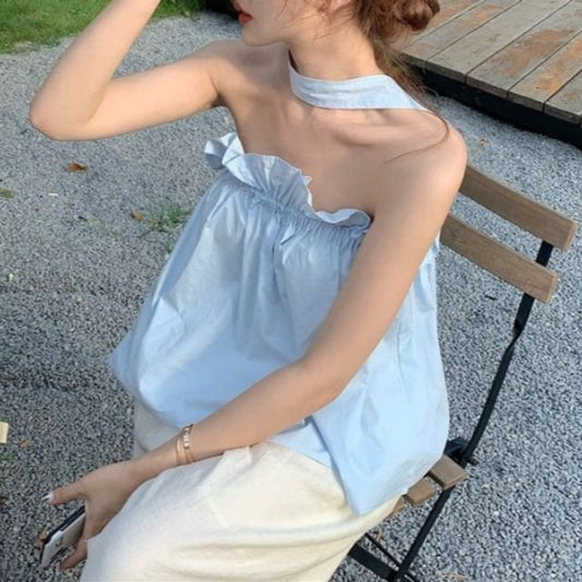 Keyhole Plain Balloon Top Ruffled Open Camisole Back