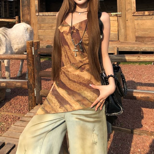 Asymmetrical Printed Top Camisole Ruffled