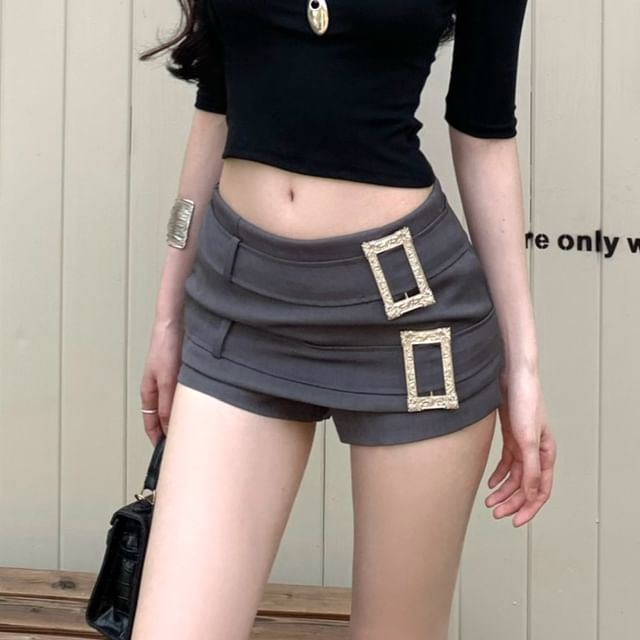 Shorts Low Neck Rhinestone Tee Plain Crop Short-Sleeve Crew Rise Buckled /