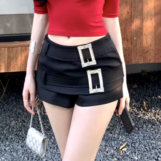 Shorts Low Neck Rhinestone Tee Plain Crop Short-Sleeve Crew Rise Buckled /