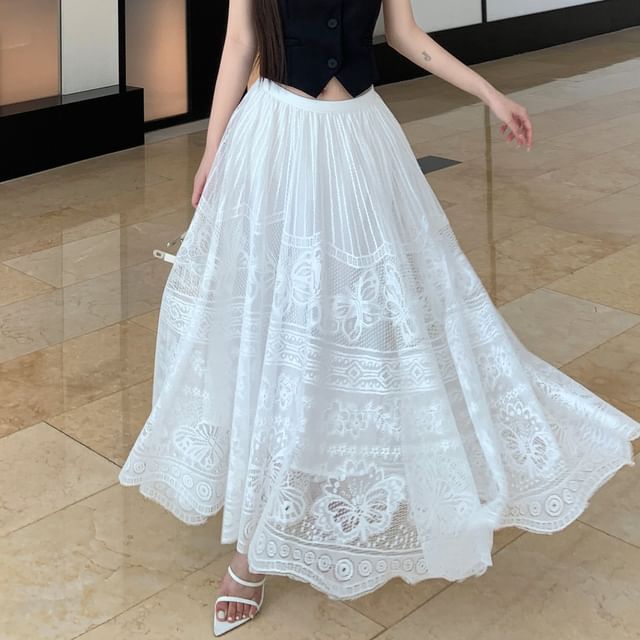 Skirt Mid Midi / Plain Lace Button-Up A-Line Halter-Neck Crop Waist Top