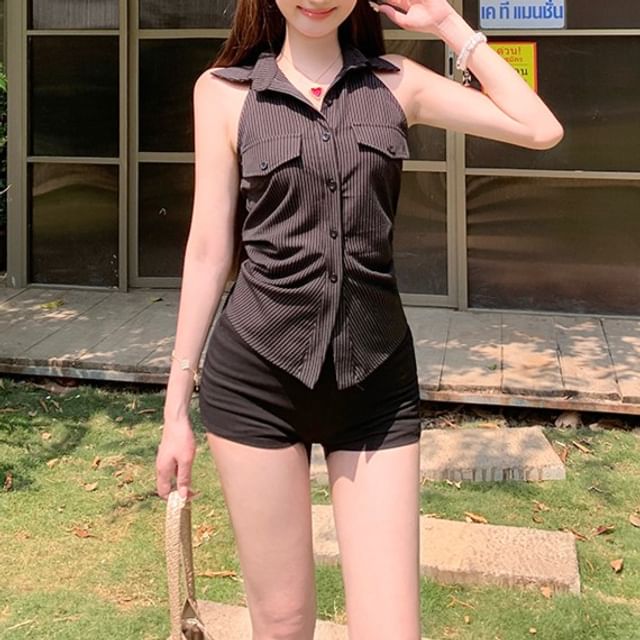 Shirt Halter-Neck Shirred Striped Button-Up