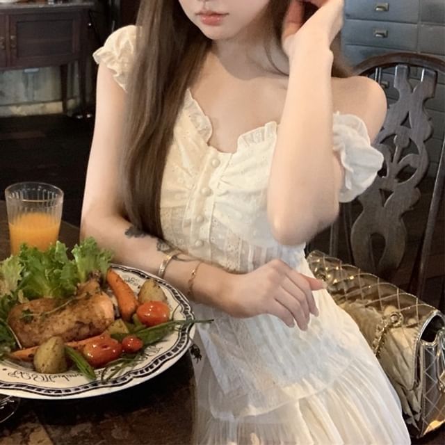 Shirred Mini Blouse Skirt Plain High / Ruffled Rise A-Line Off-Shoulder