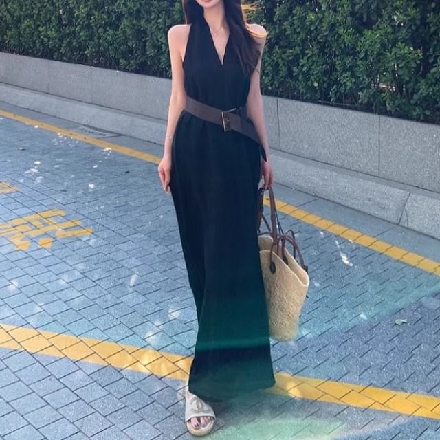 Plain Midi A-Line Dress Belt Halter-Neck Faux Leather /