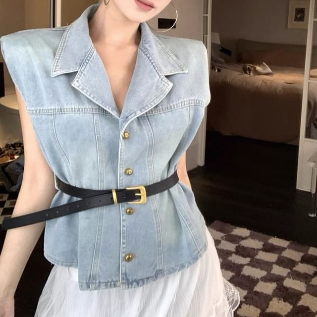 High Lace Button-Up Washed Layered Midi A-Line Denim / Vest Skirt Rise