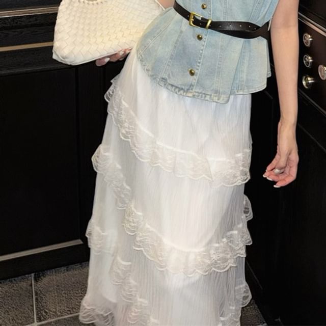 High Lace Button-Up Washed Layered Midi A-Line Denim / Vest Skirt Rise