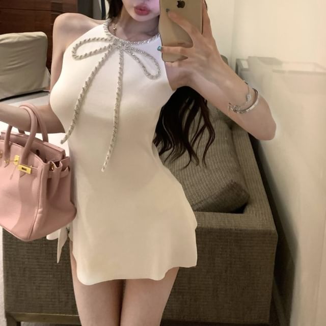 Slit Bow Rhinestone Halter-Neck Mini Dress A-Line
