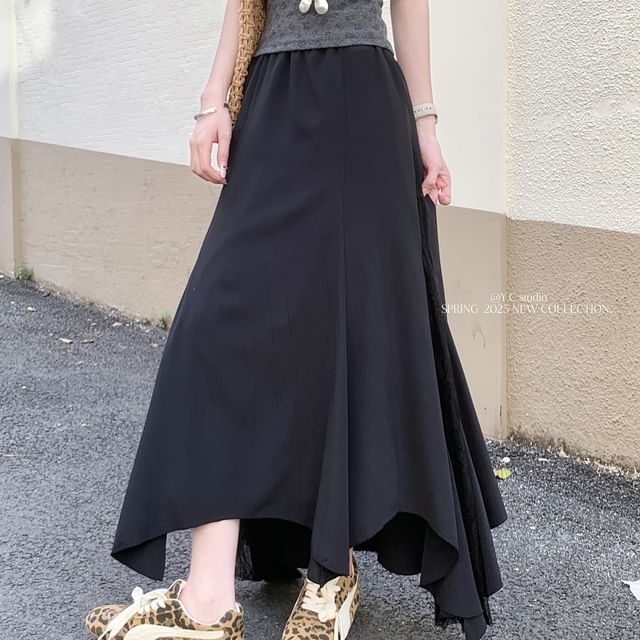 Midi Rise Skirt High Asymmetrical Mermaid Panel Lace
