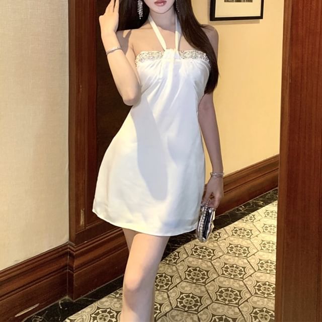 Mini A-Line Satin Dress Rhinestone Halter-Neck