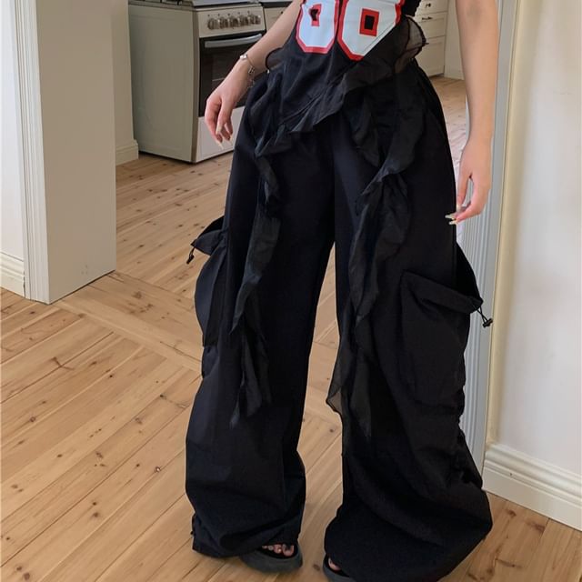 Tube Waist High Top Pants Ruffled / Numbering Wide Leg