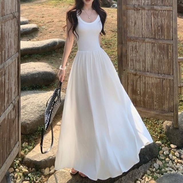 Midi Dress Plain Spaghetti Strap A-Line