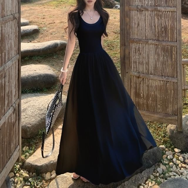 Midi Dress Plain Spaghetti Strap A-Line