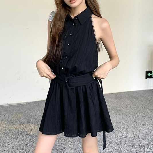 Dress Mini Sleeveless Belted Collared A-Line Striped