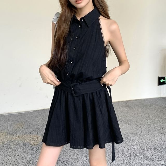 A-Line Belted Striped Mini Collared Dress Sleeveless