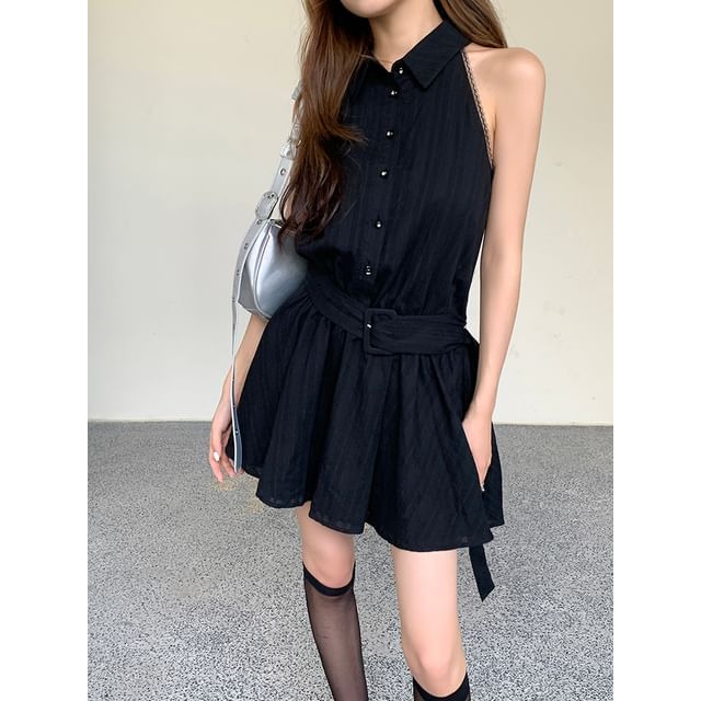 A-Line Belted Striped Mini Collared Dress Sleeveless