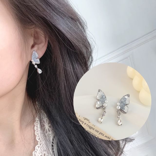 / Faux Pearl Drop Rhinestone Butterfly Earring Clip-On