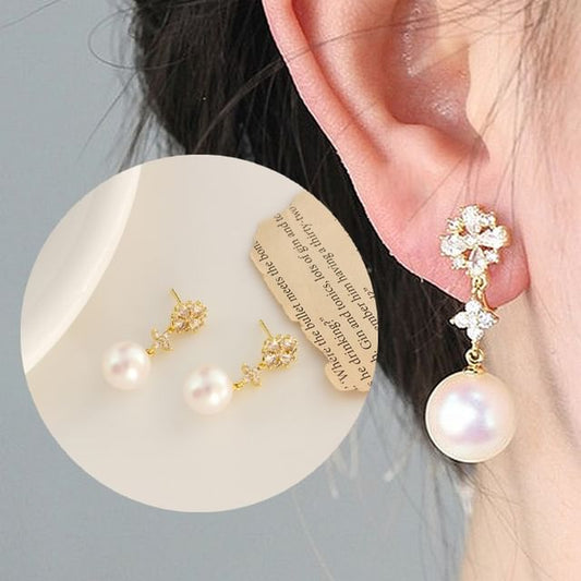 Drop Pearl Flower Earring Rhinestone Clip-On Faux /