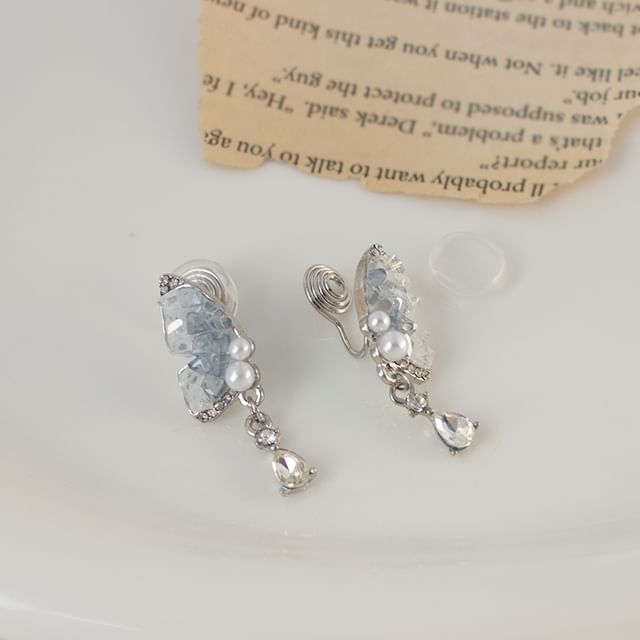 / Faux Pearl Drop Rhinestone Butterfly Earring Clip-On