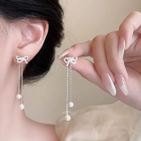 Faux Rhinestone Bowknot Dangle Pearl Earring