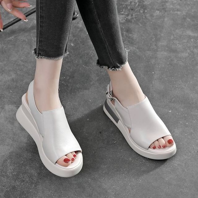 Plain Leather Heel Sandals Wedge Slingback Faux