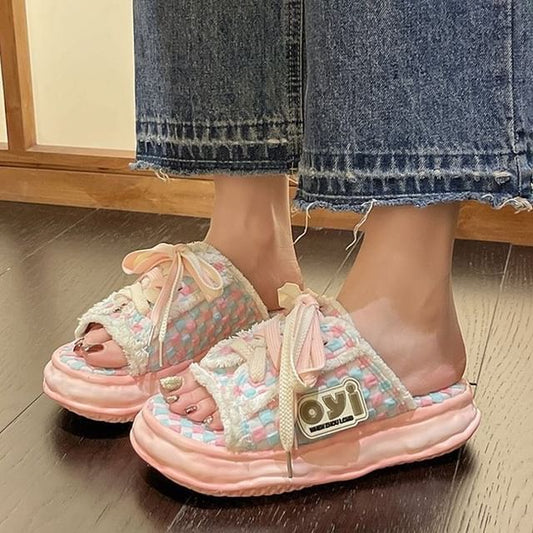 Sneakers Checkerboard Lace-Up Frayed Platform Sandals