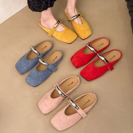 Metal Jane Toe Suede Accent Faux Mules Square Mary