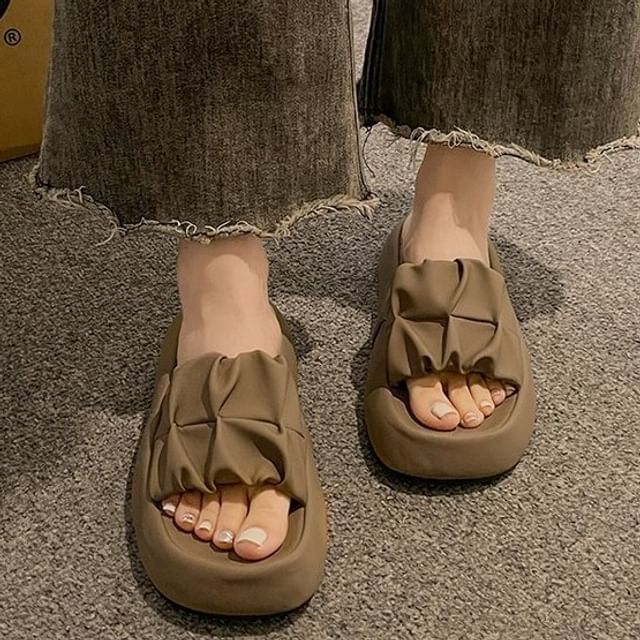 Slide Faux Sandals Plain Platform Leather Ruched