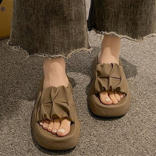 Slide Faux Sandals Plain Platform Leather Ruched