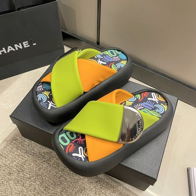 Cross Sandals Tone Two Leather Strap Platform Faux