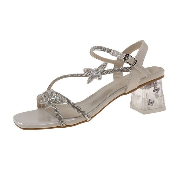 Heel Sandals Butterfly Chunky Toe Ankle Square Strap Rhinestone