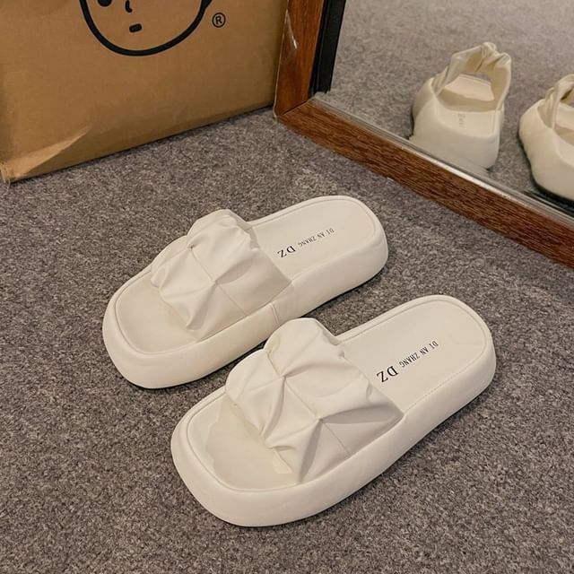 Slide Faux Sandals Plain Platform Leather Ruched