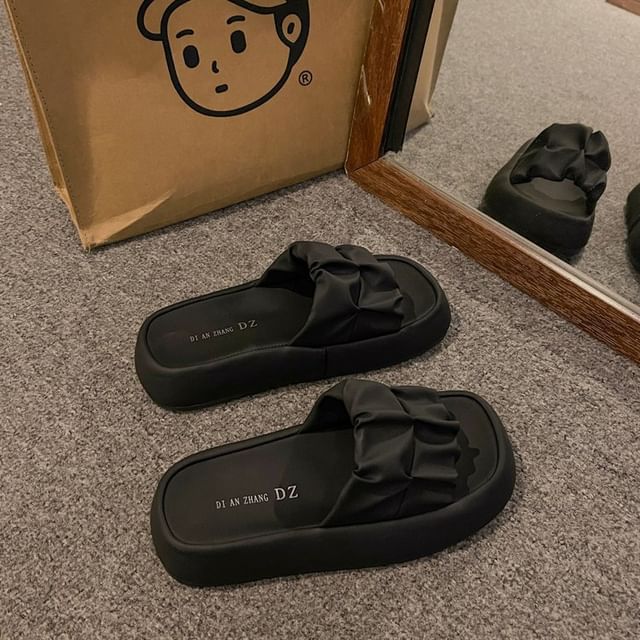 Slide Faux Sandals Plain Platform Leather Ruched