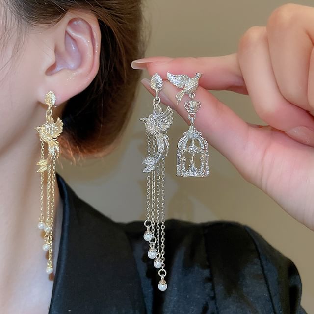 Earring Faux Cage Alloy Dangle Bird Asymmetrical Pearl