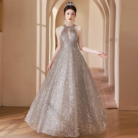 Neck Evening Sequin Gown Cutout A-Line Halter