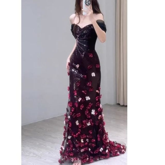 Floral Accent Mermaid Off-Shoulder Sequin Short-Sleeve Gown Evening