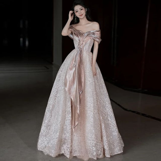 Accent Lace Short-Sleeve Evening Gown Off-Shoulder Floral A-Line