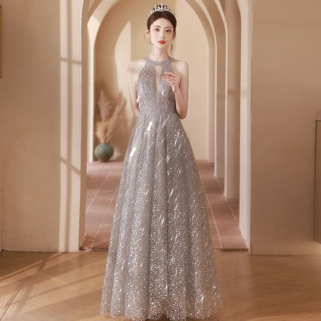 Neck Evening Sequin Gown Cutout A-Line Halter